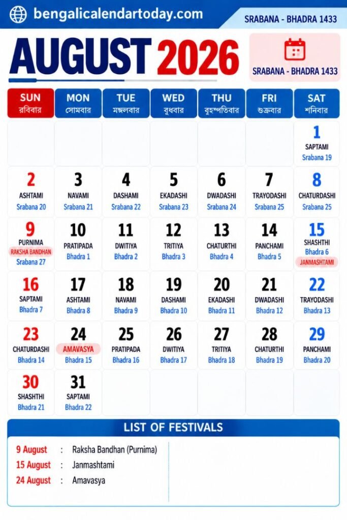 Bengali Calendar August 2026