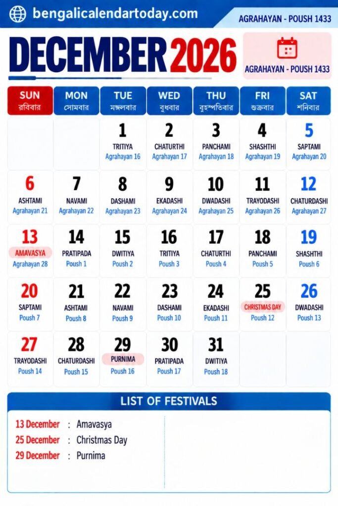 Bengali Calendar December 2026